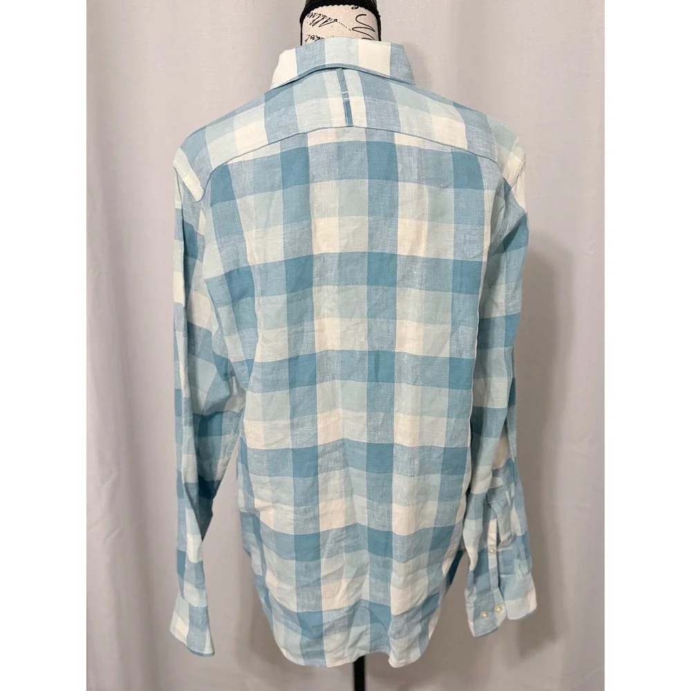 Banana Republic Camden Fit Linen Shirt Mens Small Blue White Buffalo Check Plaid